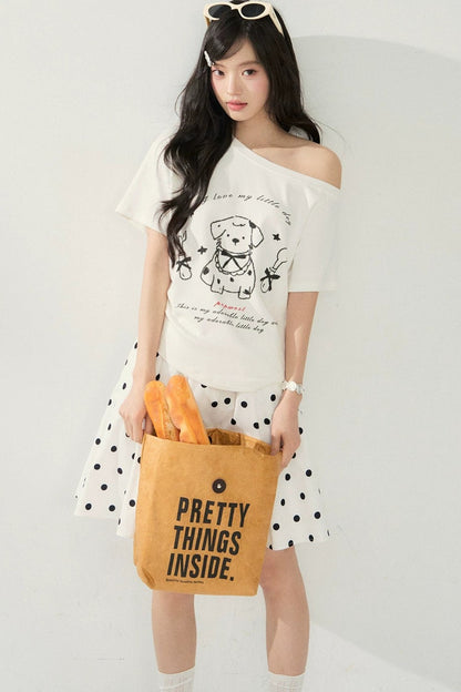 White Puppy Print Off-Shoulder Tee