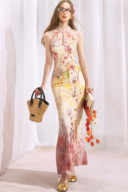 Zweiteiliges Trägerkleid mit Print im chinesischen Stil