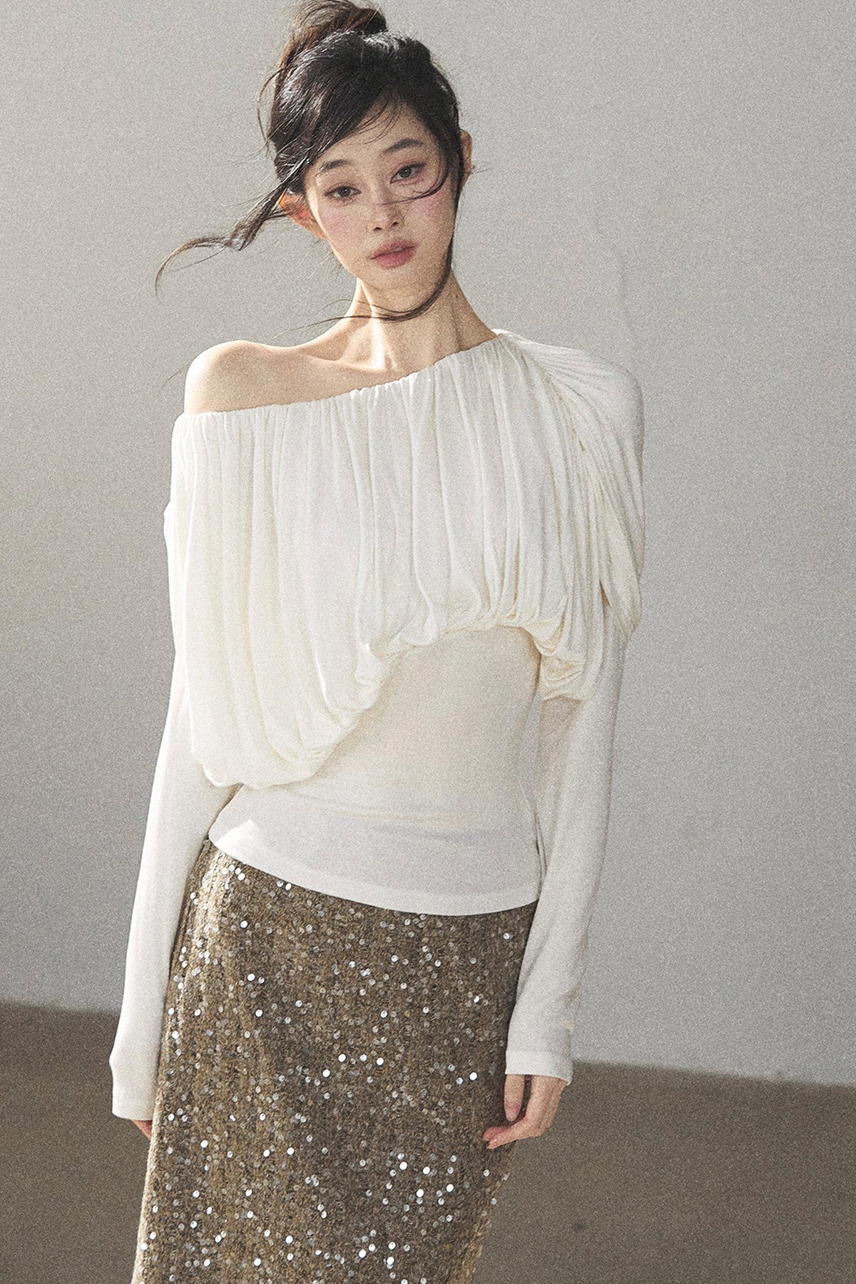 Off-Shoulder Long-Sleeve Cinched T-Shirt