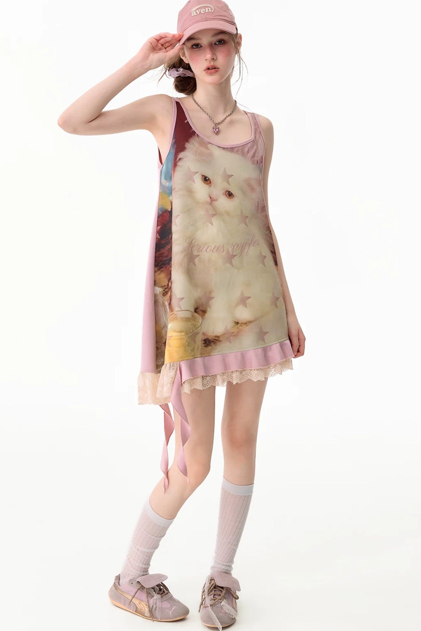 Pink Cat Print Lace Vest Dress