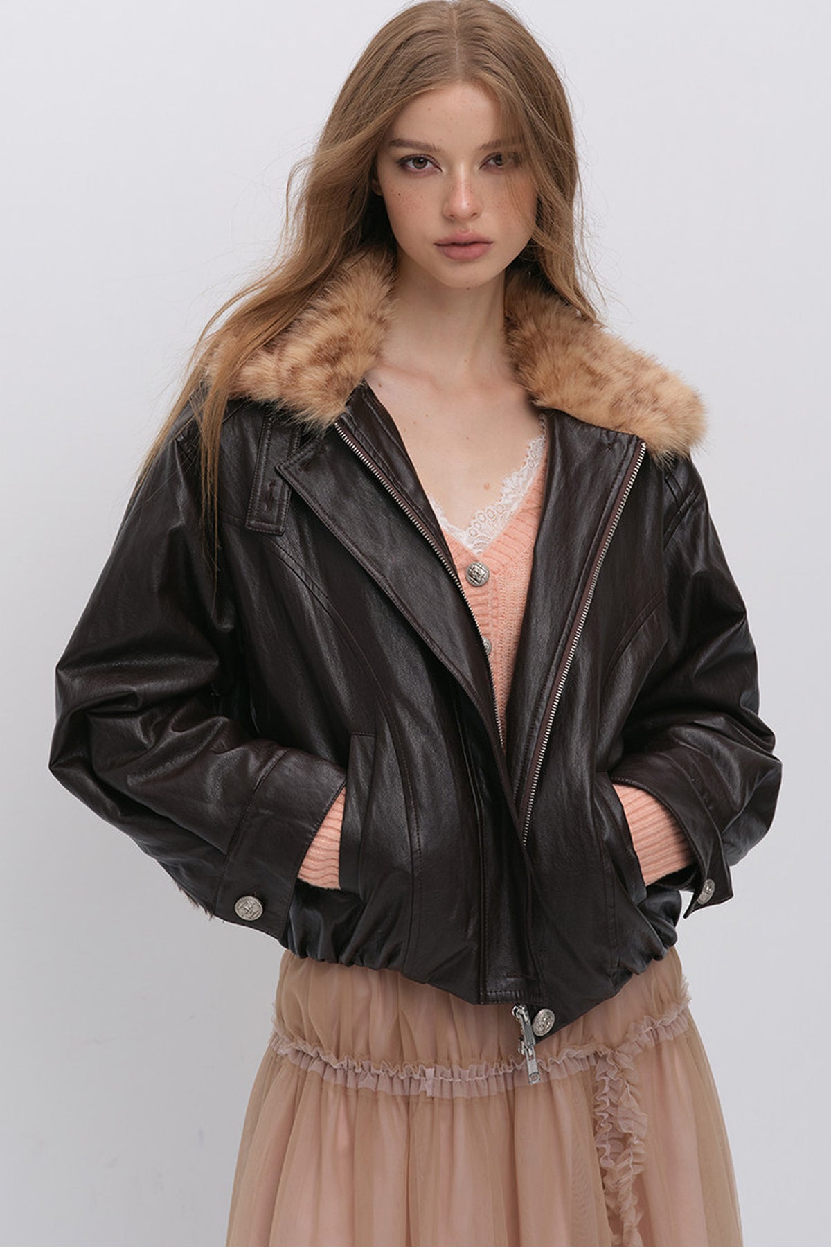 Textured Leopard Fur Collar PU Jacket