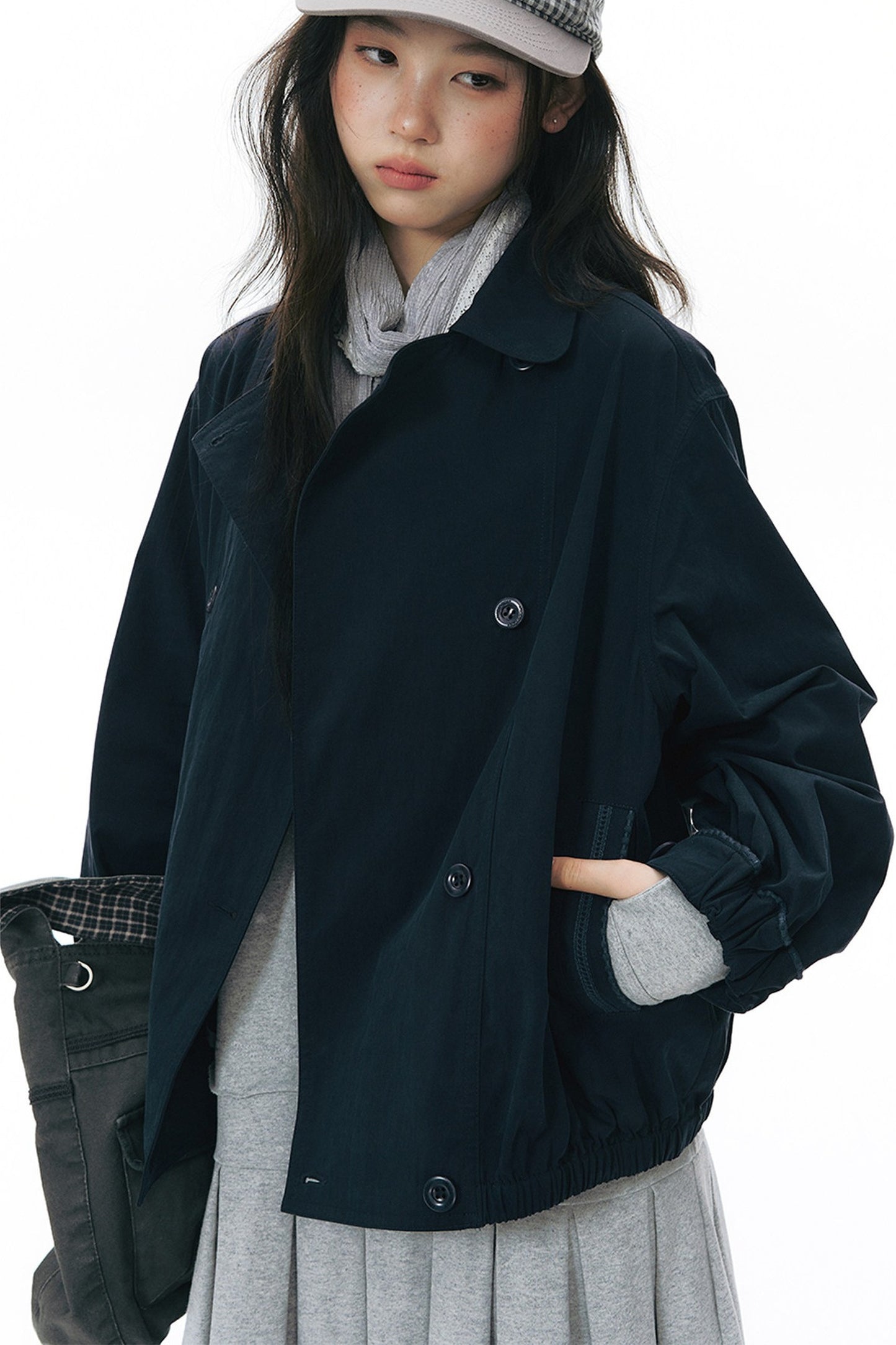 Retro Double-Breasted Workwear Jacket and Skirt Set-Up