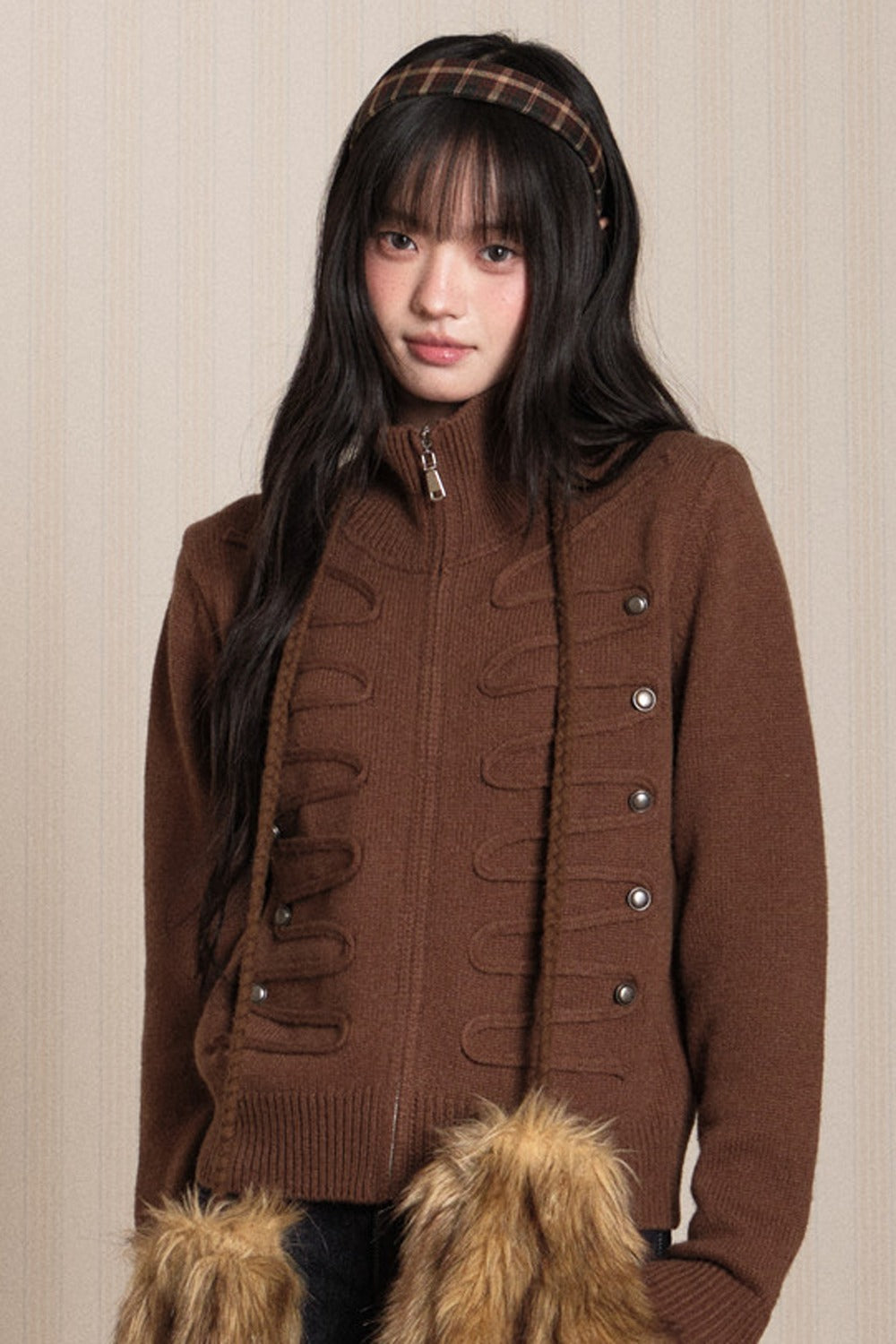 Napoleon Style Zipper Knit Cardigan