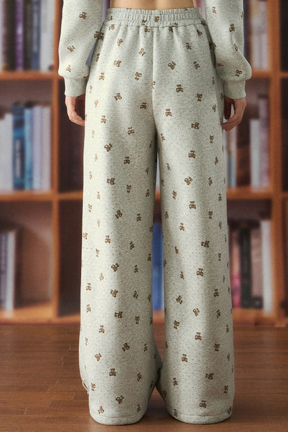 Elastic Waist Bear Print Wide-Leg Pants