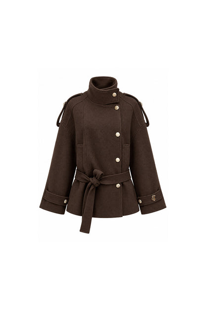 Stand-Collar Lace-Up Coat and Skirt Set-Up