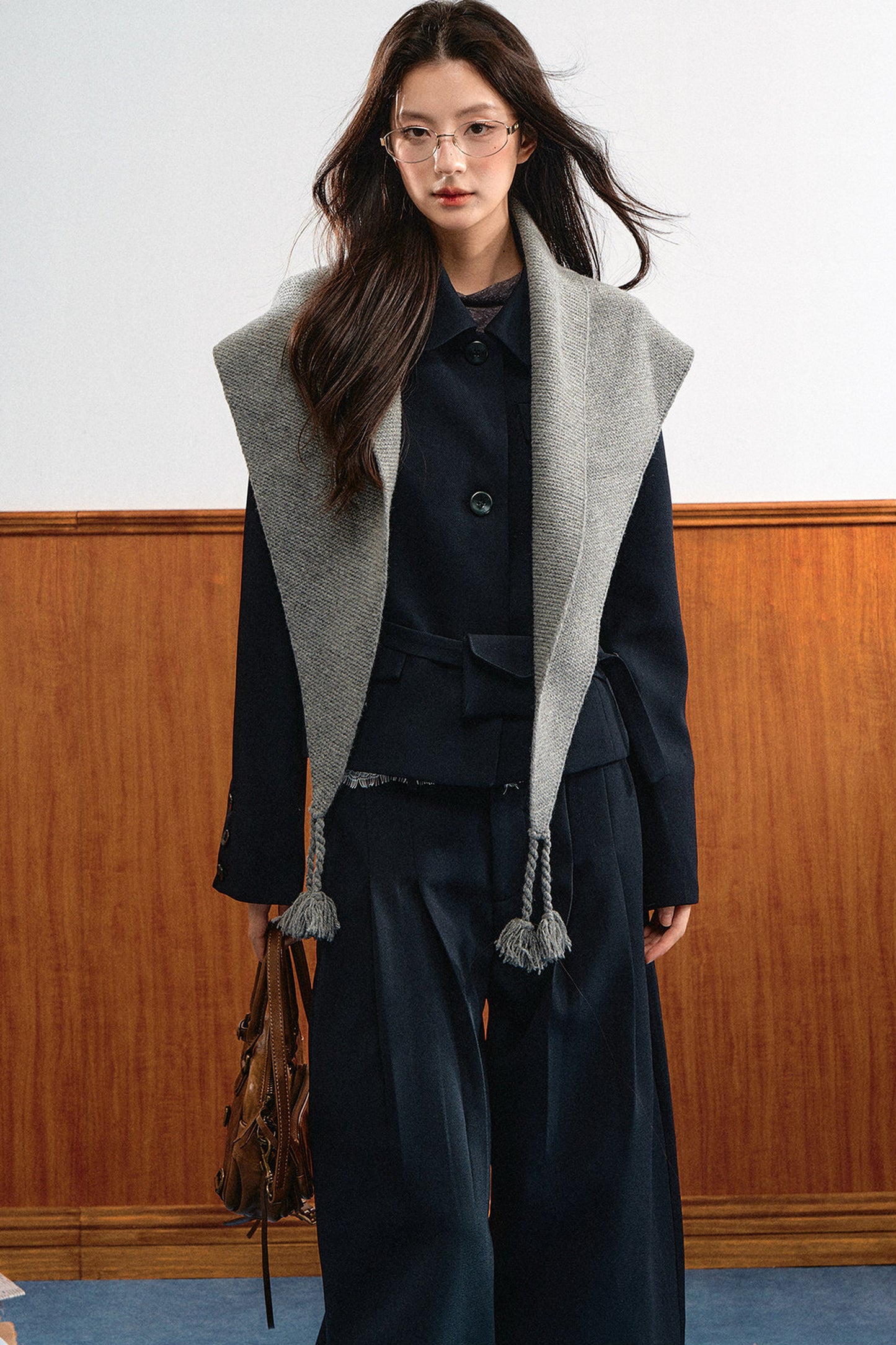 American Retro Lapel Top and Wide-Leg Pants Set-Up