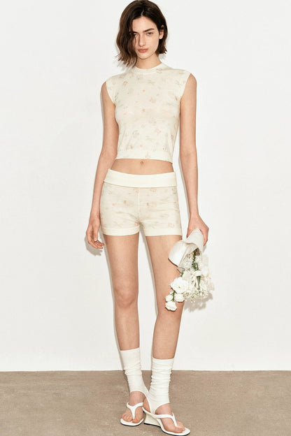 Französisches Retro-Strick-Camisole-Top mit Blumenmuster