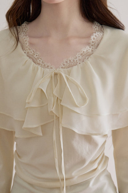 Lace Trim Ruffle Collar Long Sleeve Tee