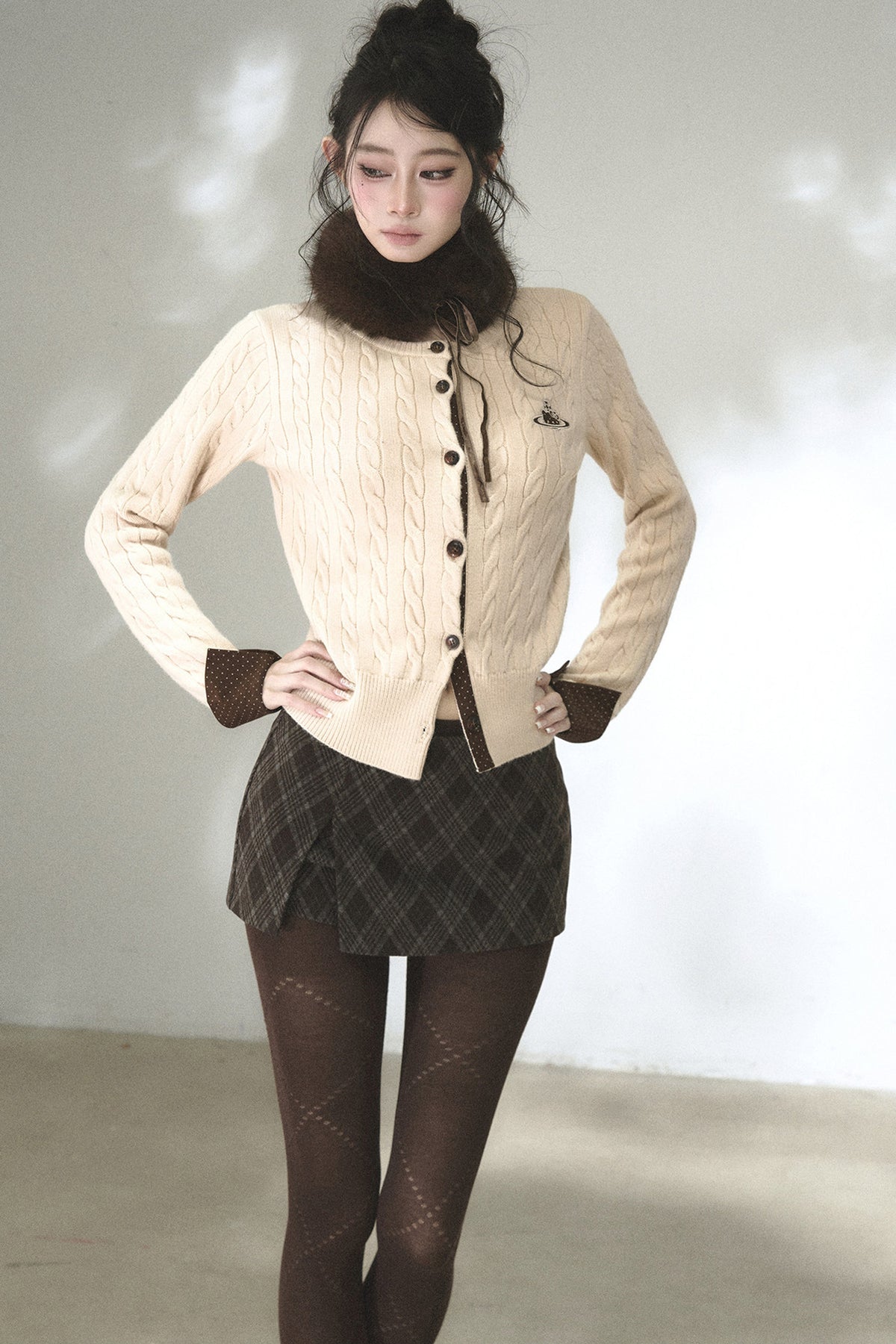Color-Blocked Polka Dot Cable Knit Cardigan