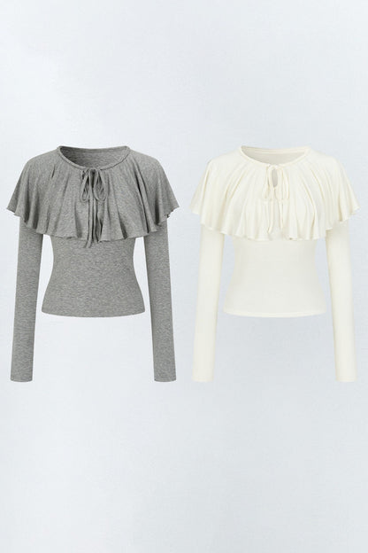 Tie-Front Ruffle Cape Long Sleeve Top