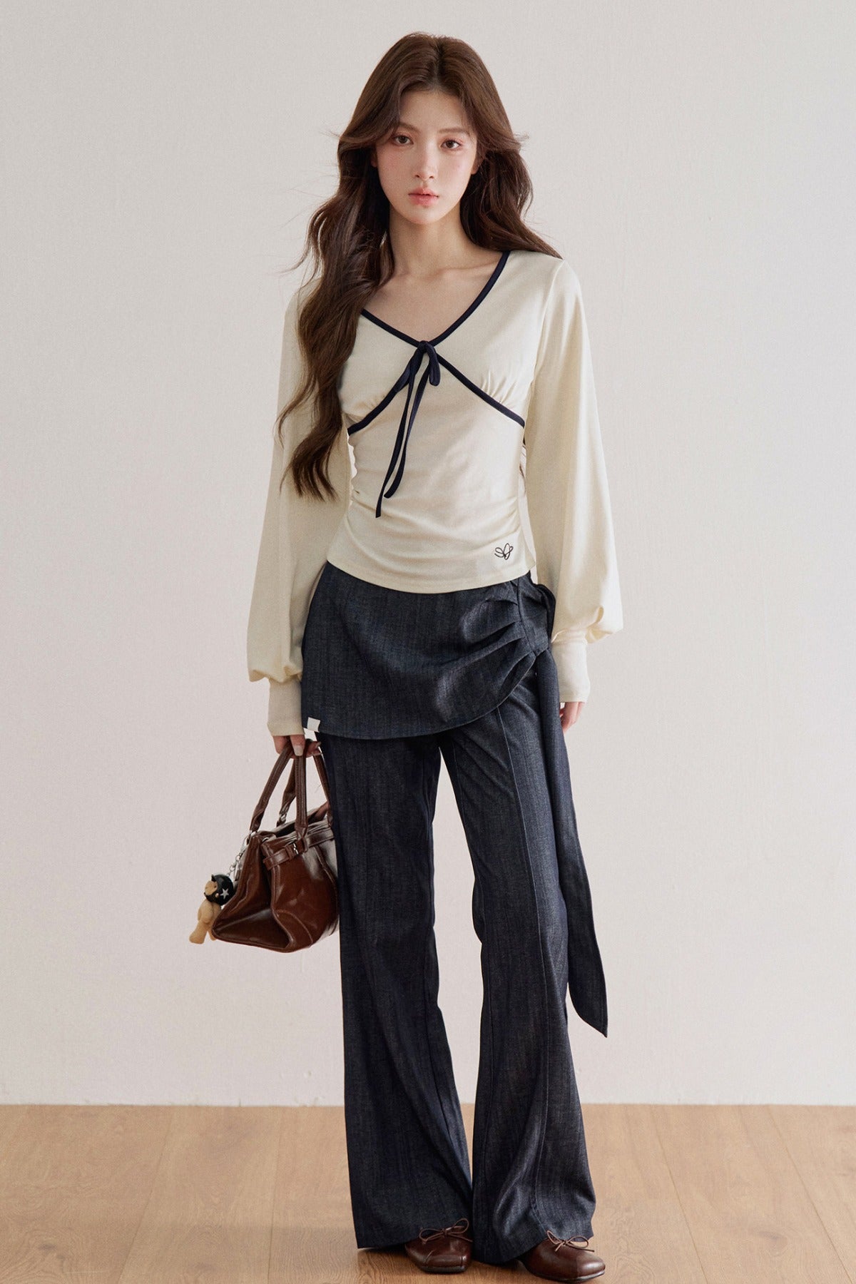 Lyocell V-Neck Tie Long-Sleeve T-Shirt
