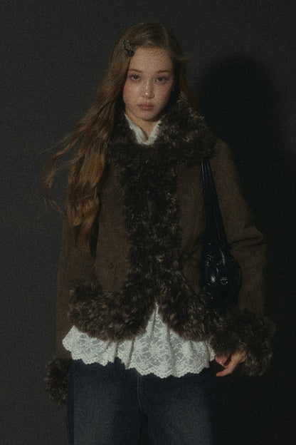 Faux Suede Short Fuzzy Collar Jacket