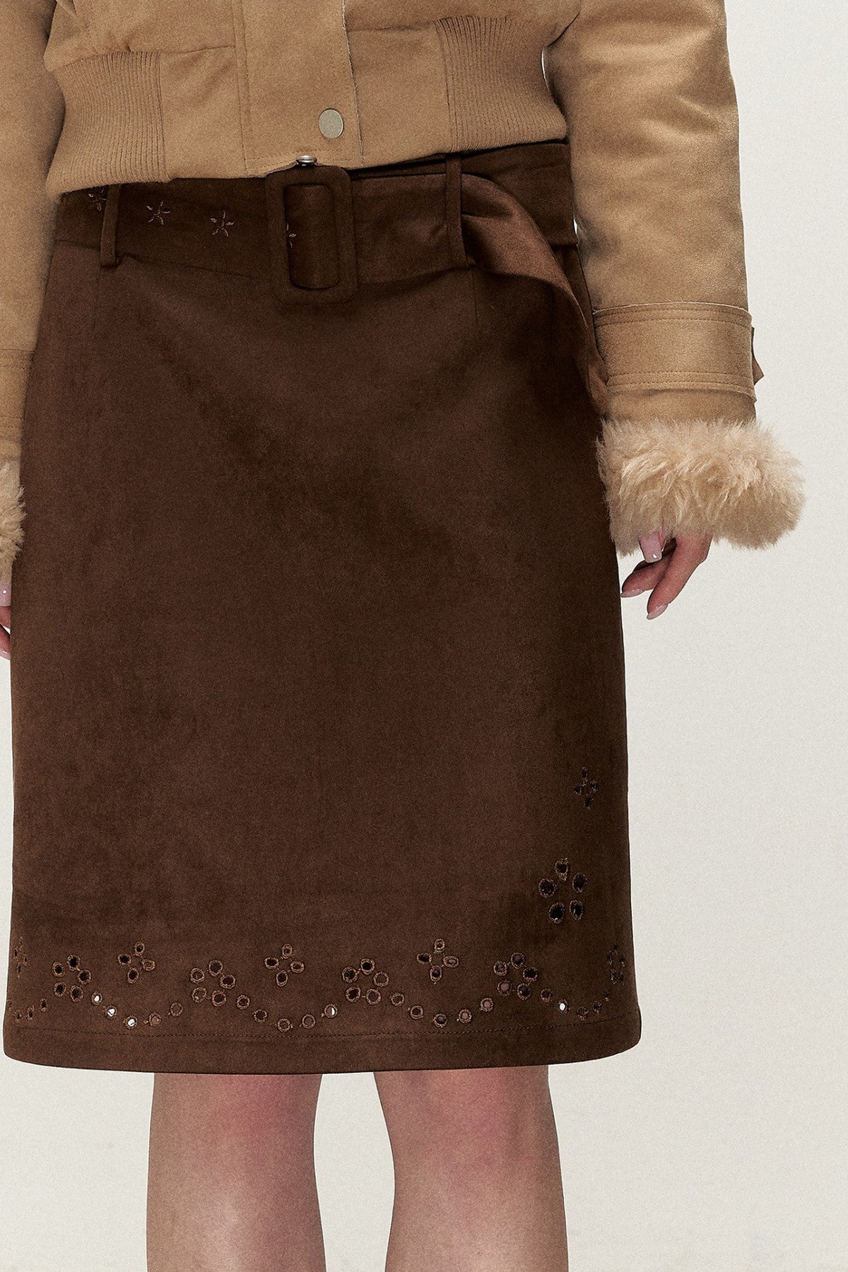 Retro Suede Embroidered Floral Midi Skirt