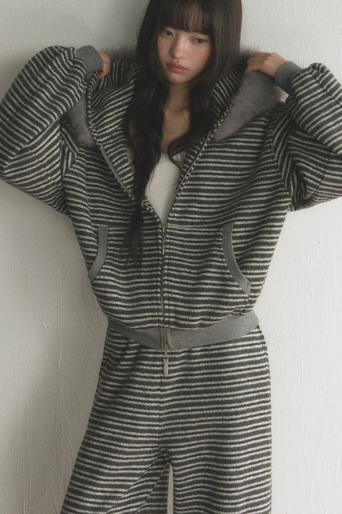 Striped Fur Collar Hooded Top and Pants Set-Up