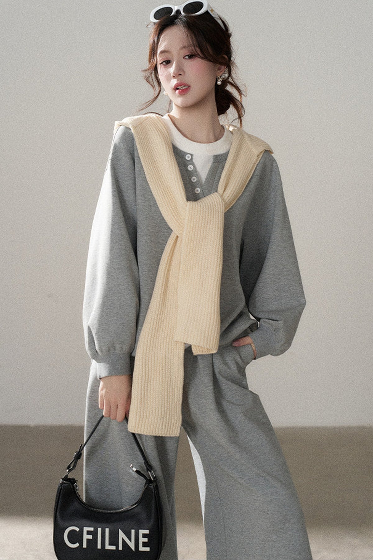 Hooded Shawl Sweatshirt and Wide-Leg Pants Set-Up