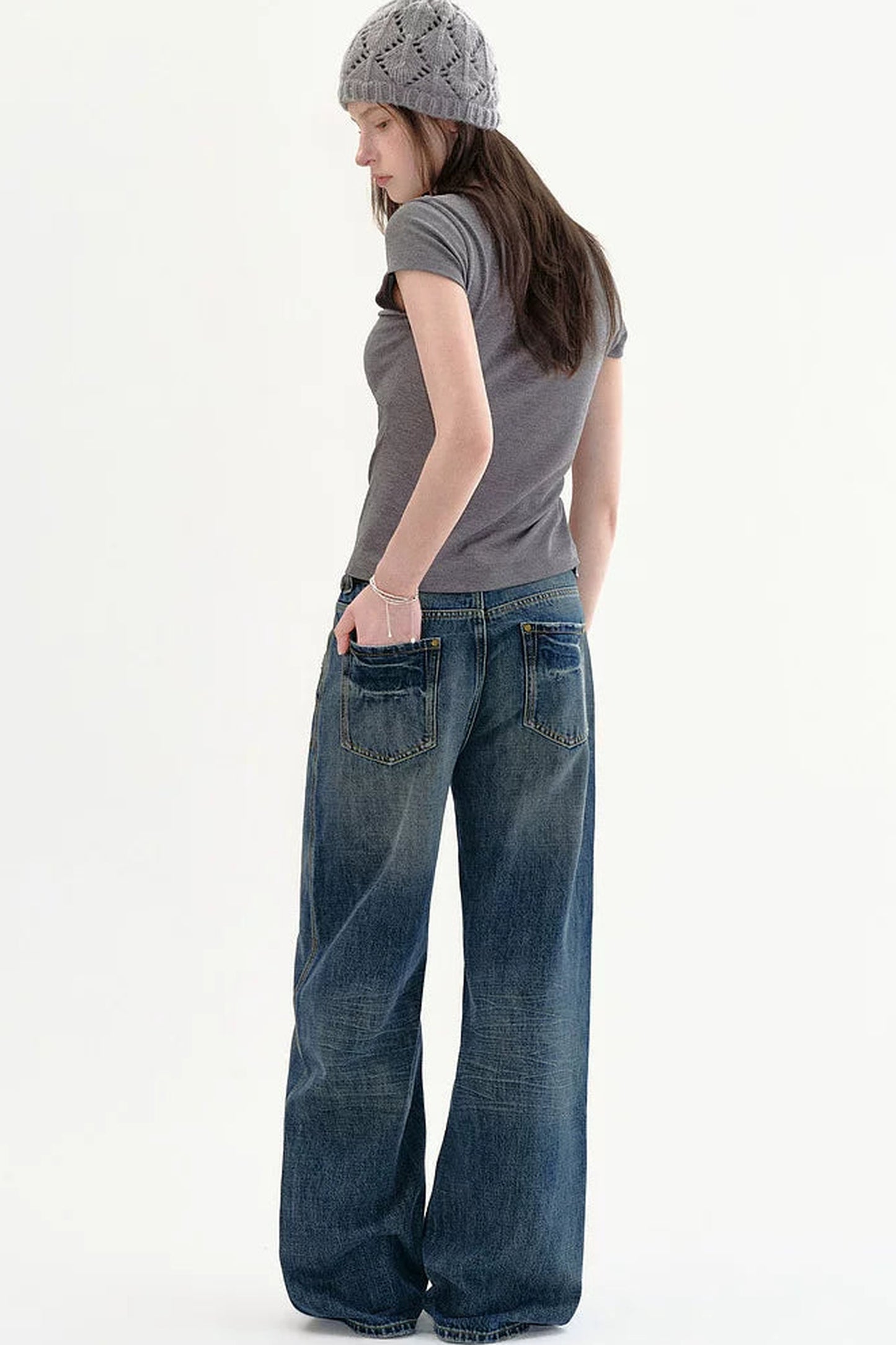 Jeans retrò a vita alta slavati a gamba larga