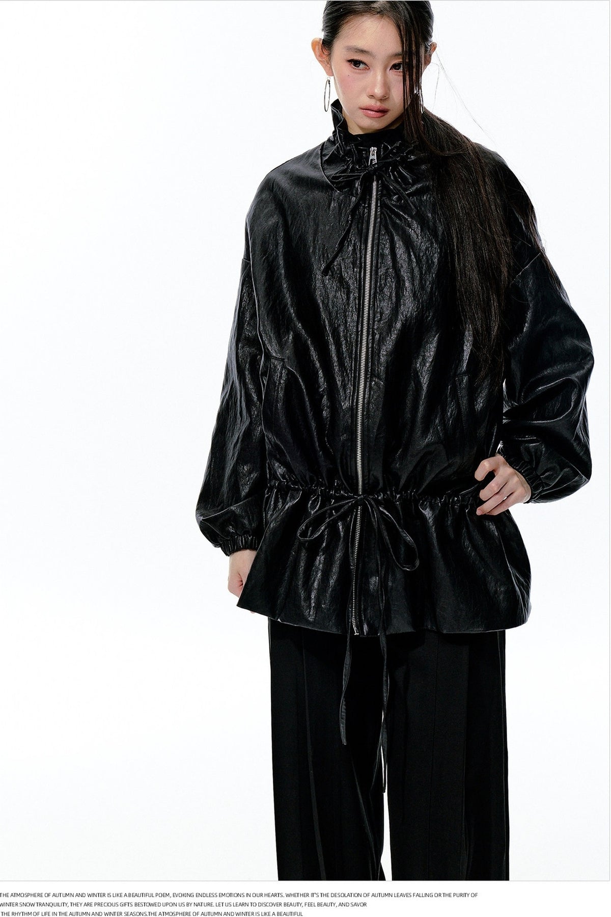 Textured Silhouette Drawstring Tie Waist Jacket