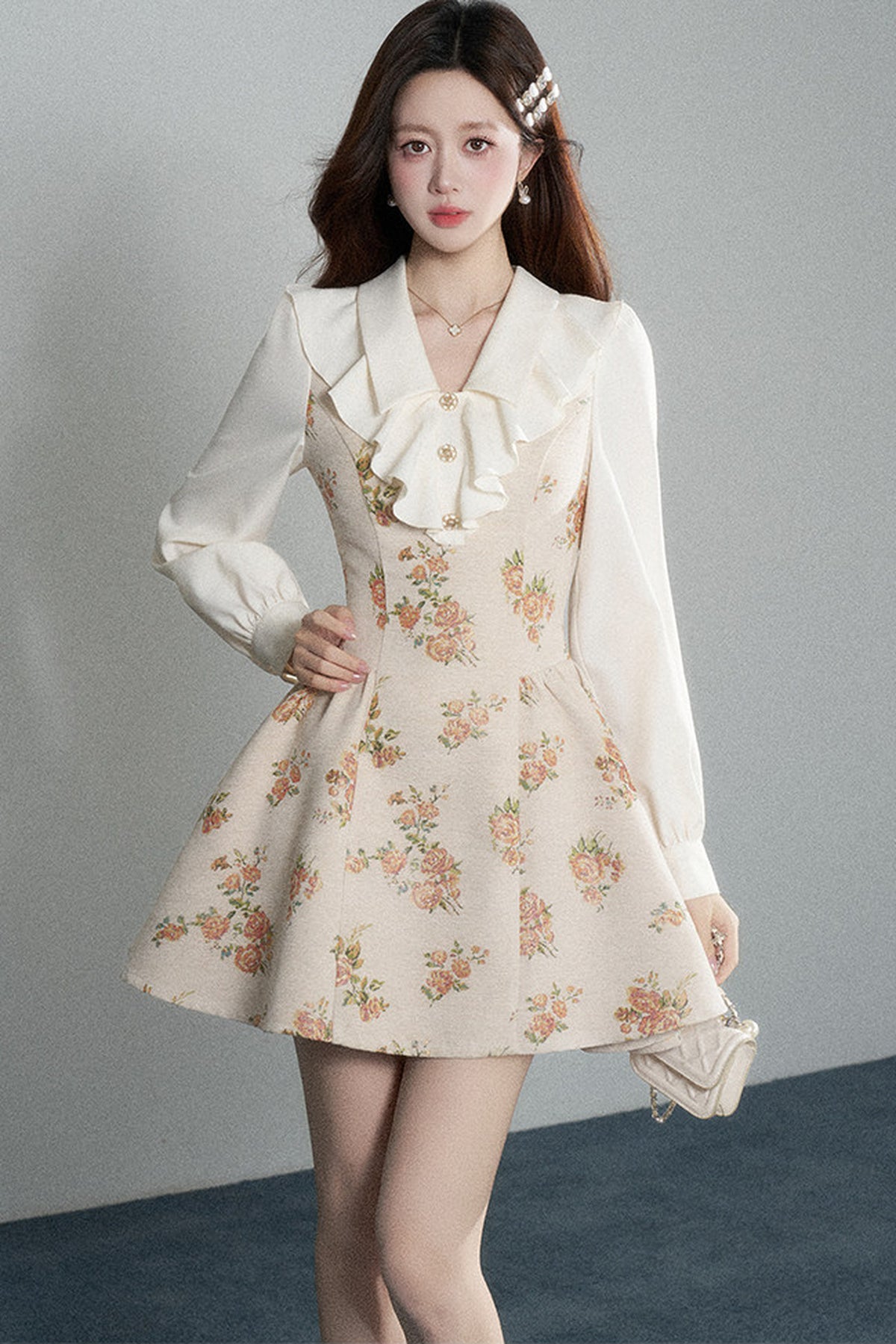 Floral Lantern Sleeve Ruffle Collar Dress