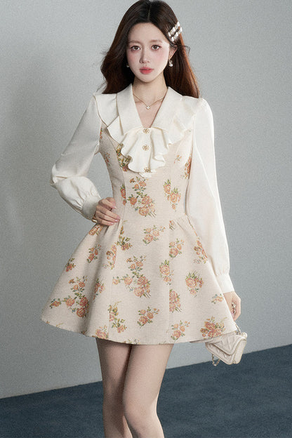 Floral Lantern Sleeve Ruffle Collar Dress