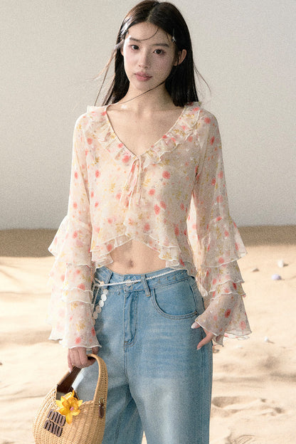 Floral Chiffon Ruffle Blouse