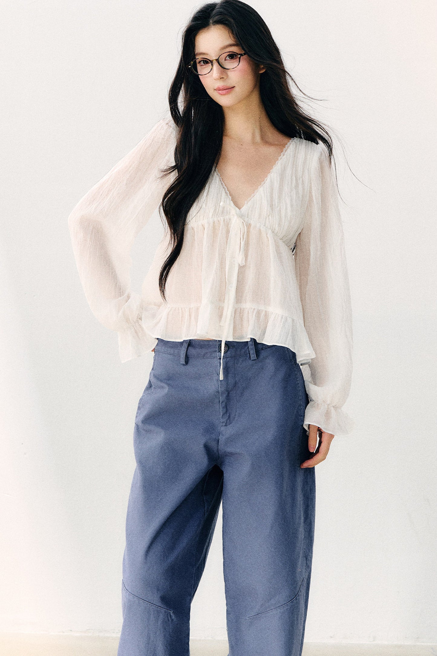 Tie Neck V-Neck Long Sleeve Ruffle Chiffon Blouse