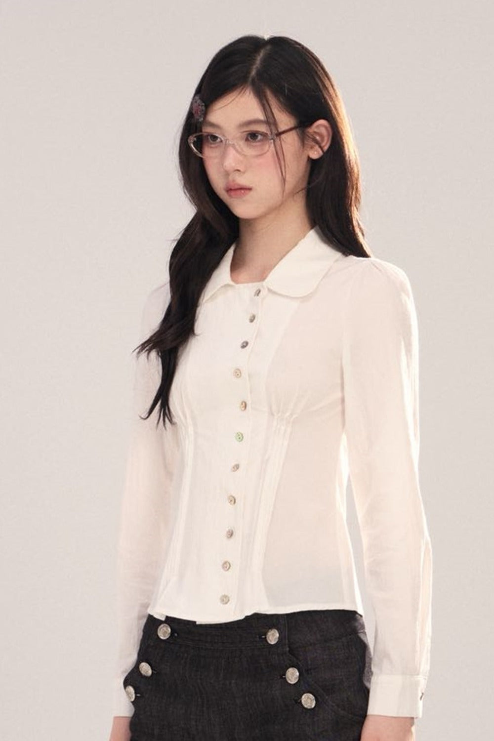 긴소매 라펠 사선 플래킷 블라우스