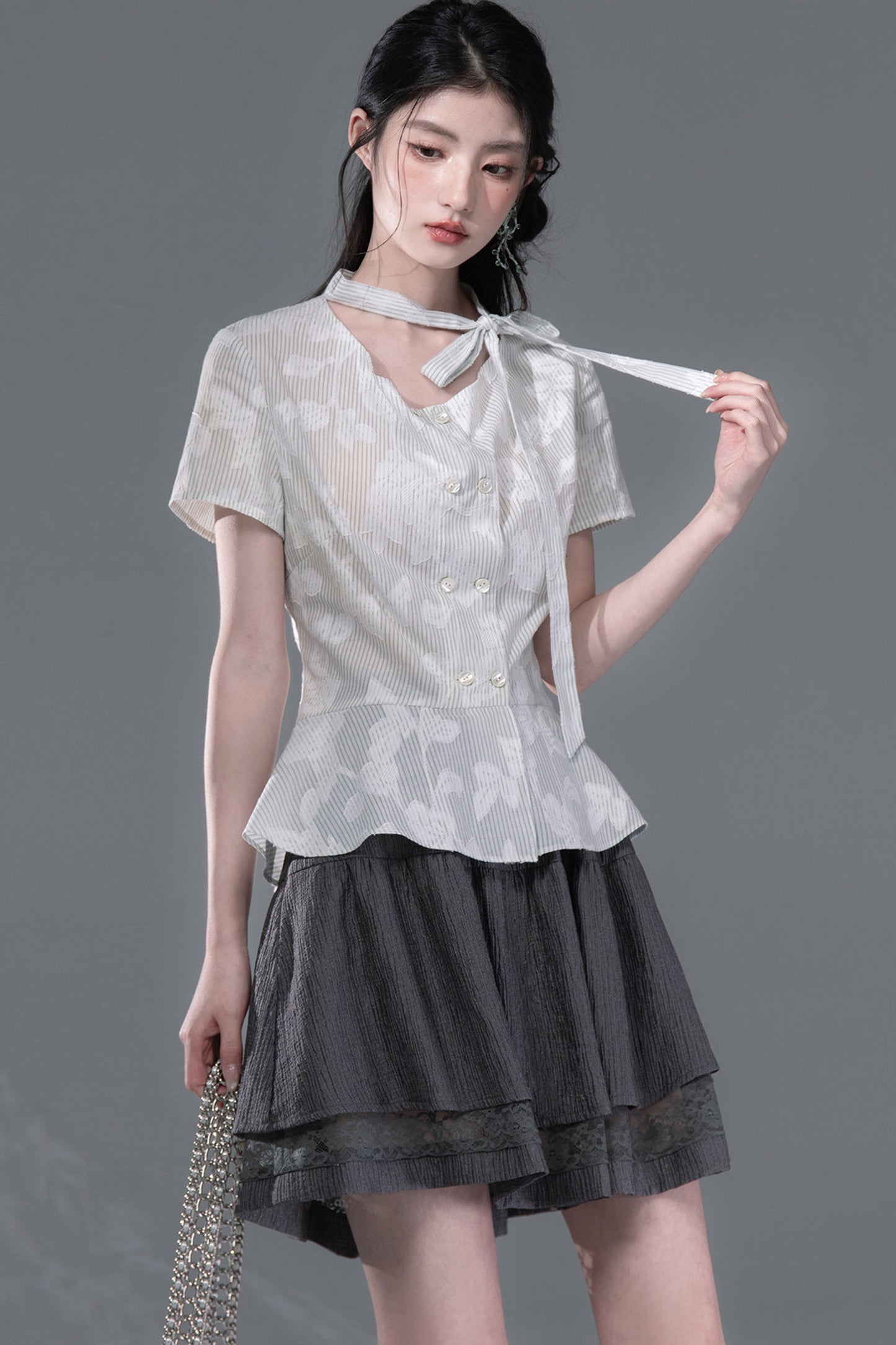Light Gray-Green Double-Breasted Blouse
