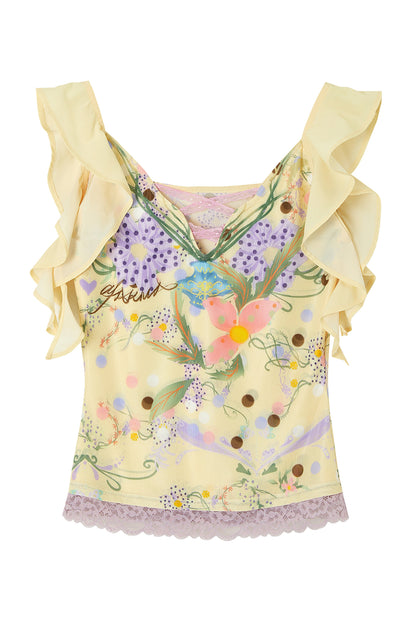 Hand-Painted Floral Print Ruffle Cross Tie Top