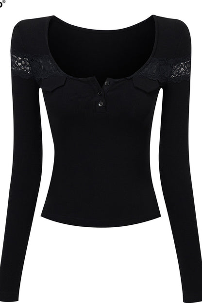 Geripptes Langarm-T-Shirt mit Spitze