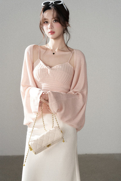 V-Neck Knitted Cardigan and Camisole Set-Up
