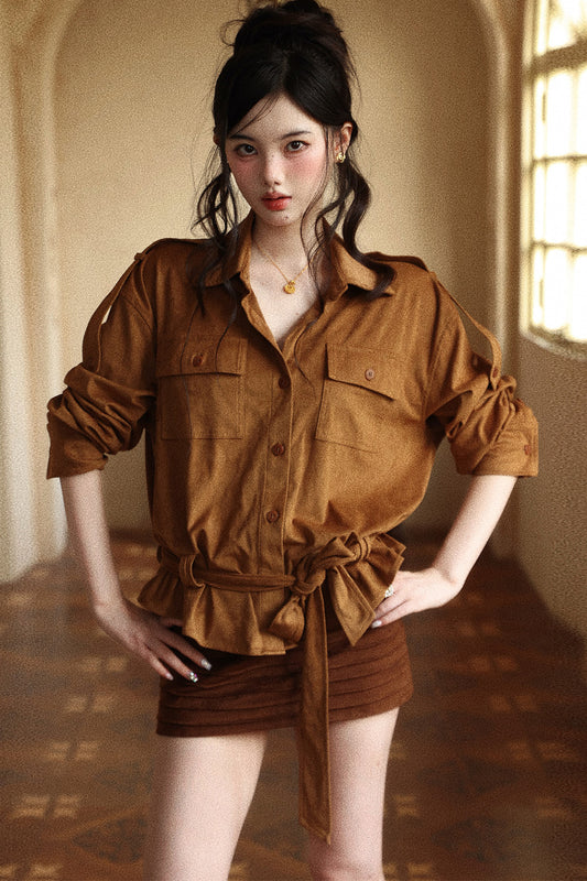 Vintage Lapel Waist-Tie Pleated Hem Work Shirt
