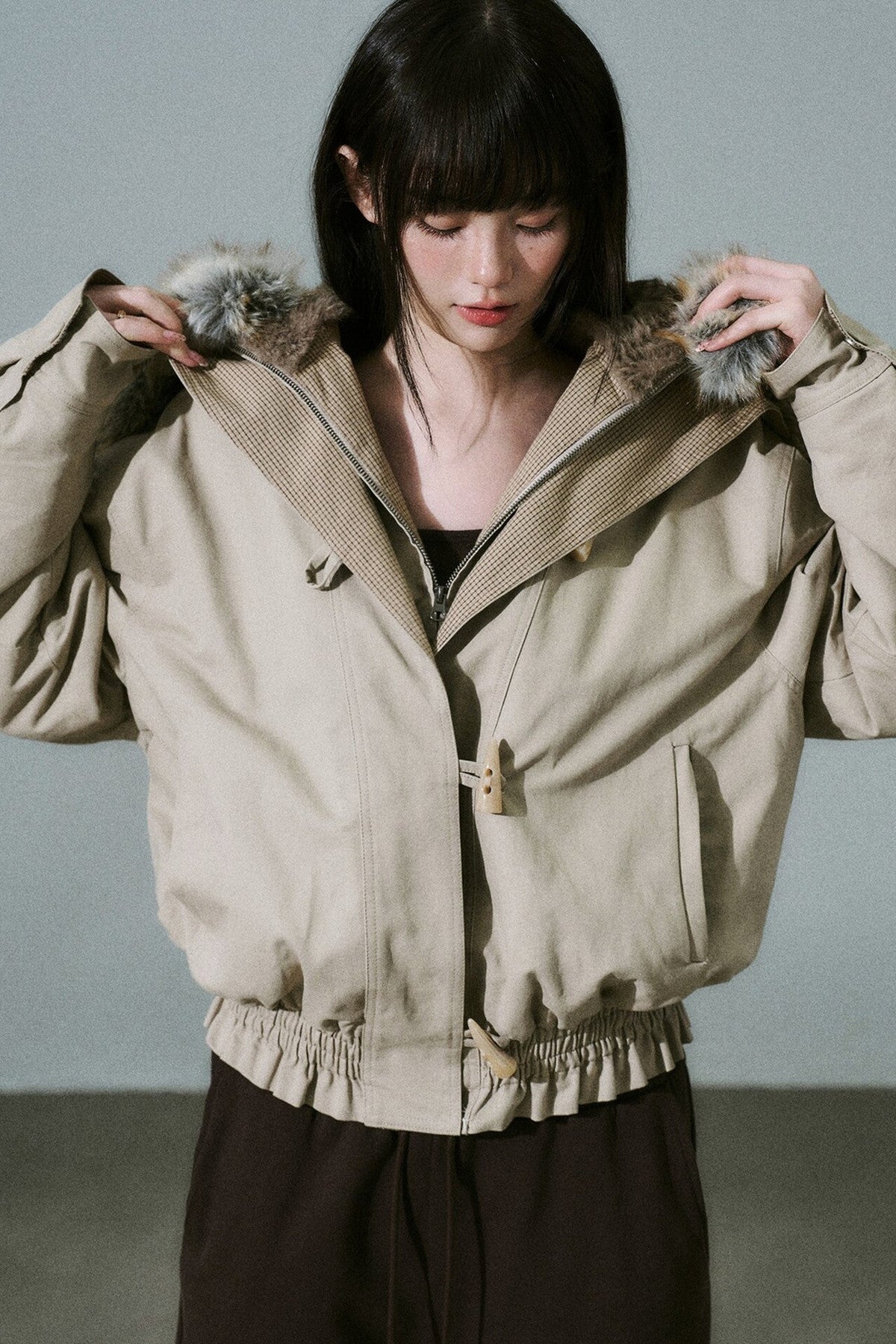 Horn Button Plaid Fur Collar Jacket