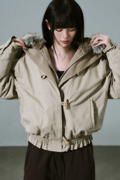 Horn Button Plaid Fur Collar Jacket