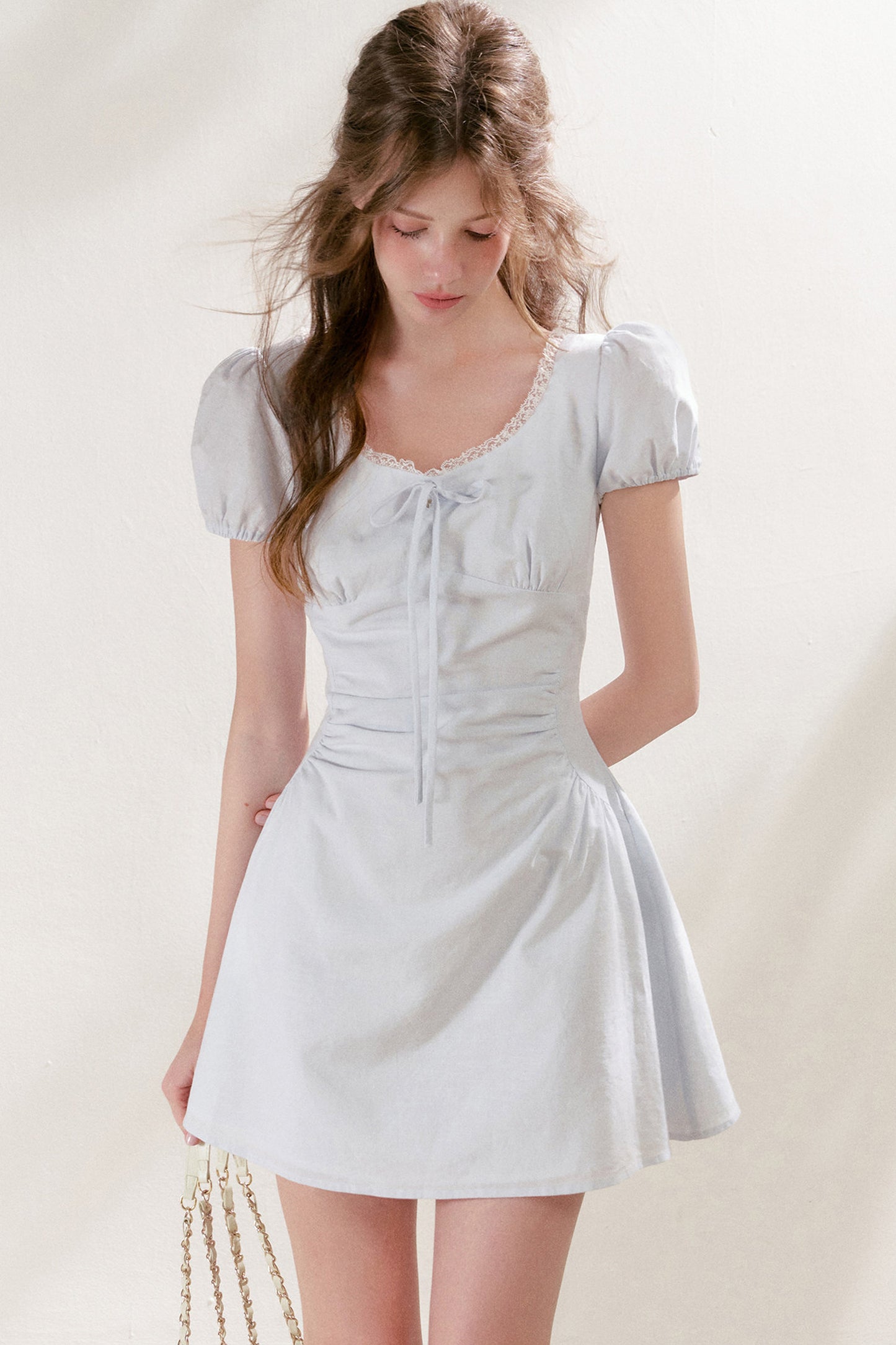 Pleated Linen Cotton Puff Sleeve Dress