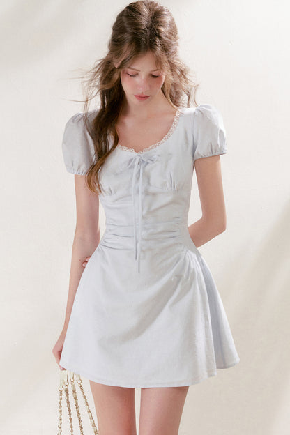 Pleated Linen Cotton Puff Sleeve Dress