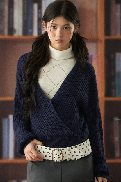 Navy Blue V-Neck Knit Cardigan Set-Up