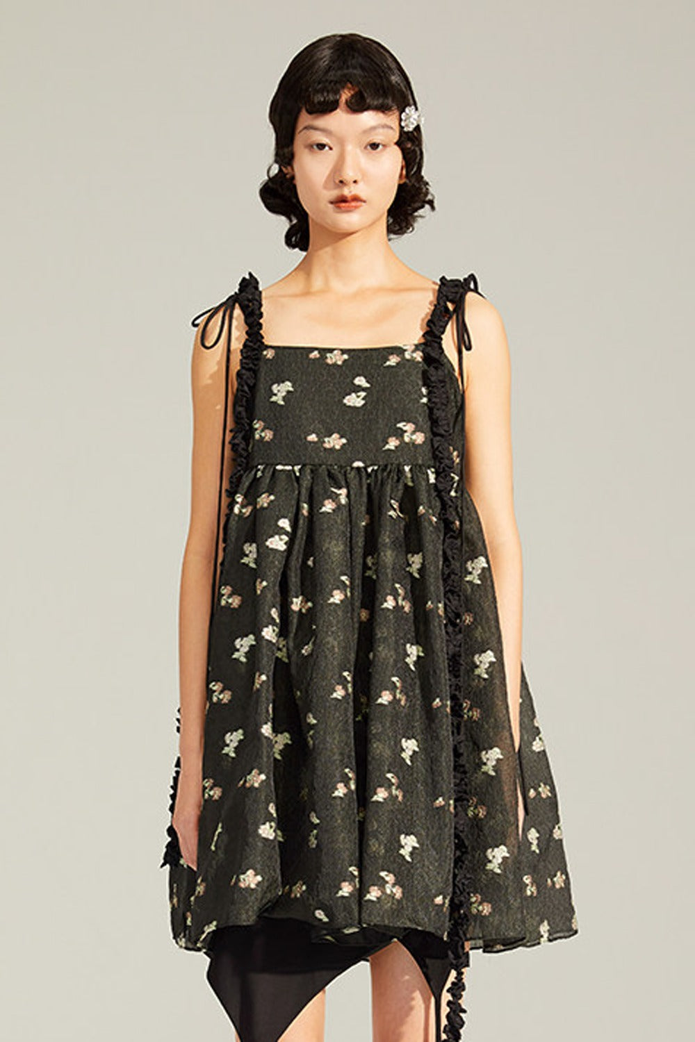 Floral Jacquard Ruffle Strap Dress