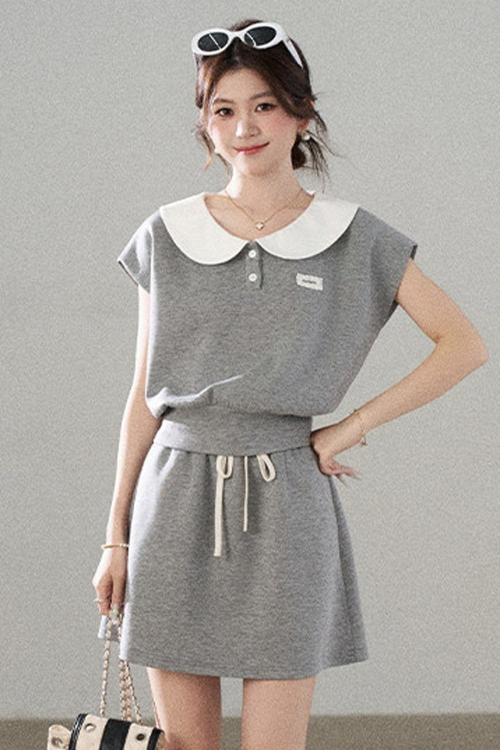 Gray Doll Collar Short-Sleeve Top and Skirt Set-Up