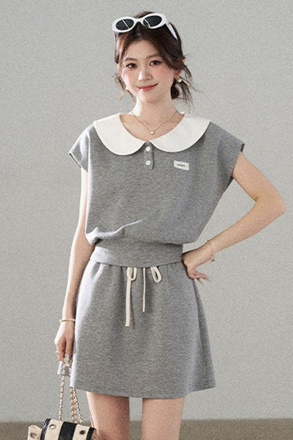 Gray Doll Collar Short-Sleeve Top and Skirt Set-Up
