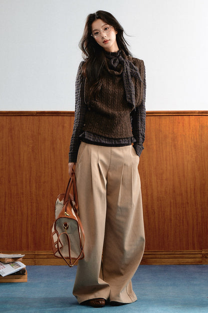 Retro Plaid Ribbon Top and Suede Skirt Set-Up