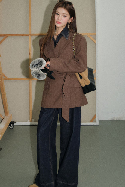 Coffee Lace-Up Woolen Linen Suit Jacket, Jeans and Top Set-Up