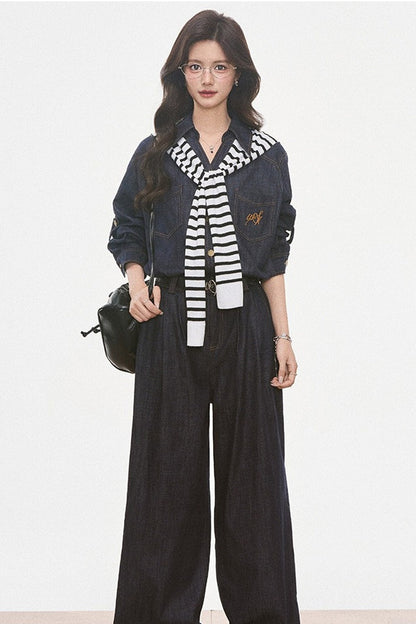 Set aus Jeansoptik-Hemd, weiter Hose und Jacke