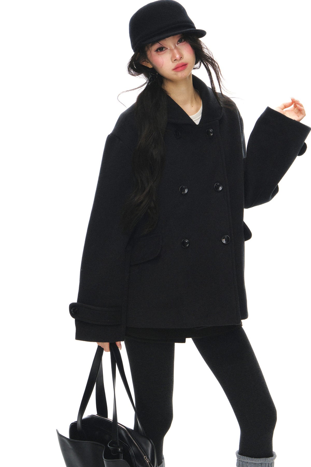 Black Wool Doll Collar Coat Set-Up