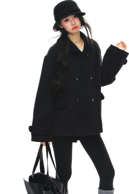 Black Wool Doll Collar Coat Set-Up