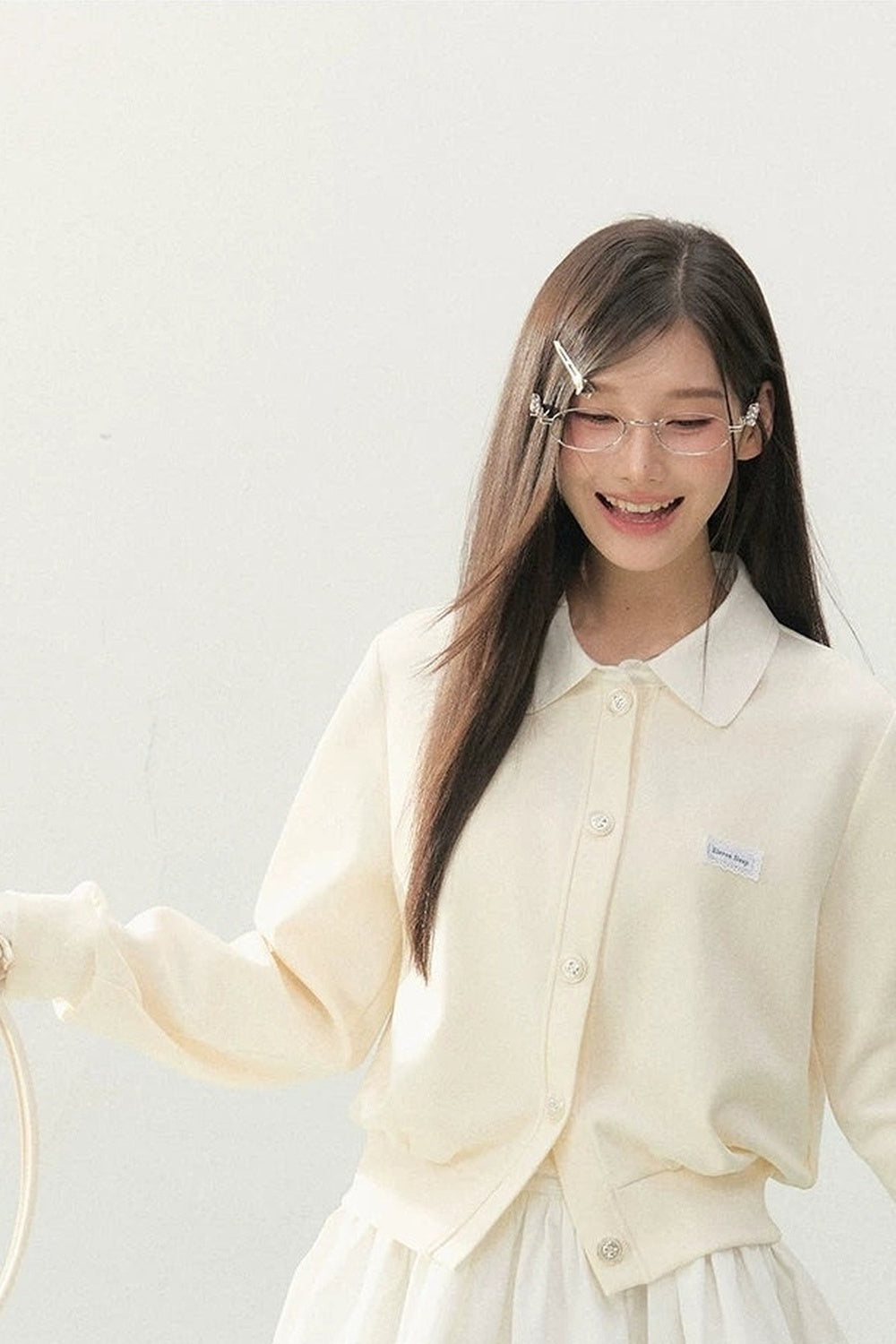 Collar Knit Cardigan and Pleated Skirt Set-Up