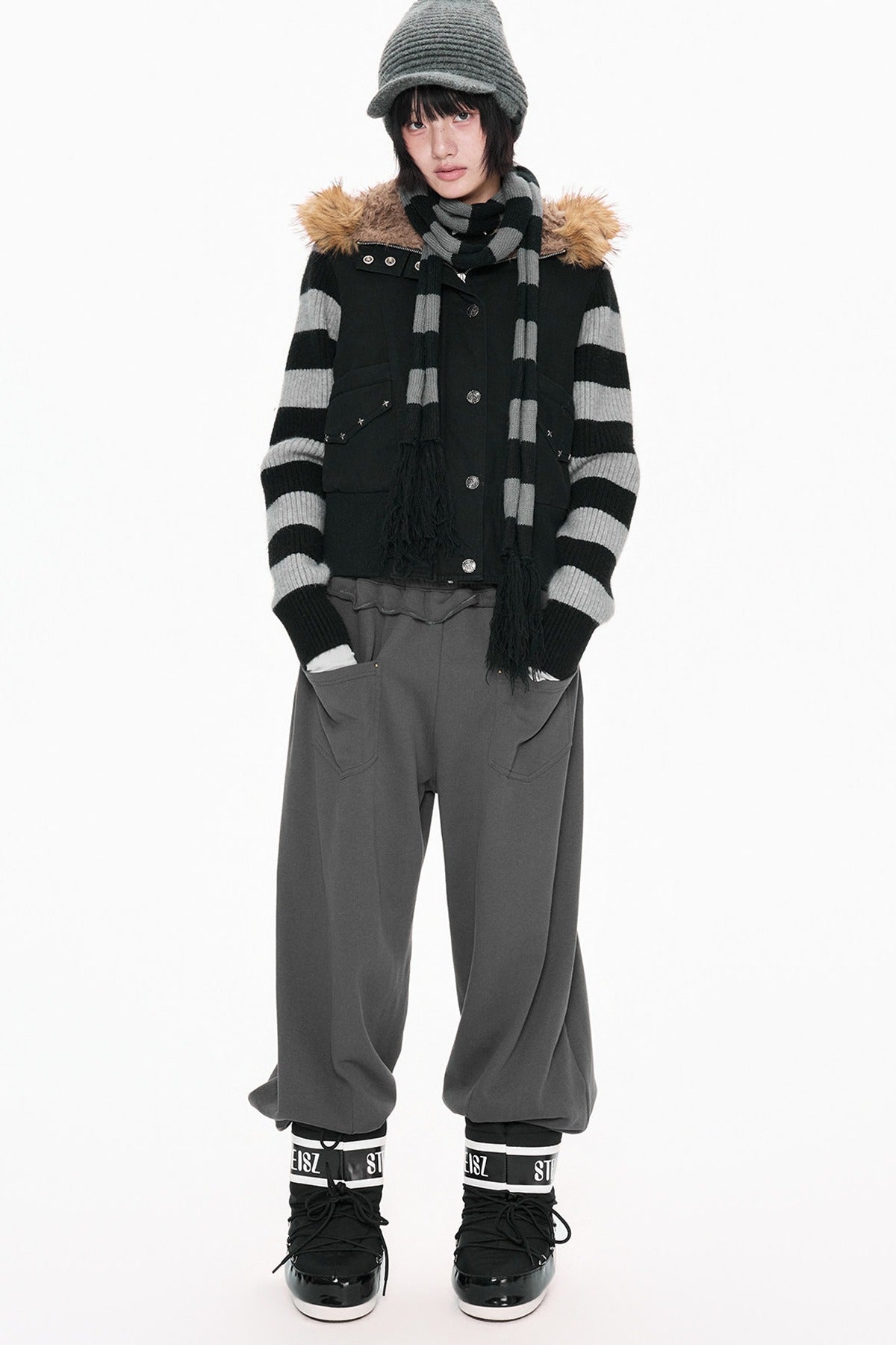 Fur Collar Hooded Striped Jacket