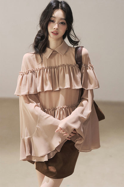 Ruffled Chiffon Polo Blouse