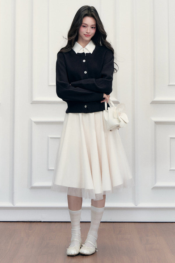 Retro Lapel Patchwork Knit Sweater Set-Up