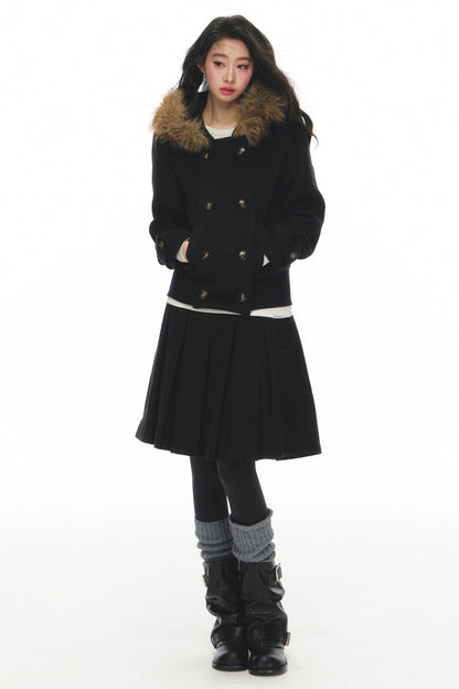 Wool Double-Breasted Fur Collar Coat Set-Up