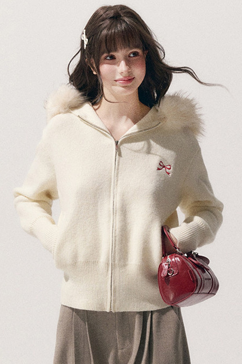 Embroidered Hooded Fur Collar Cardigan